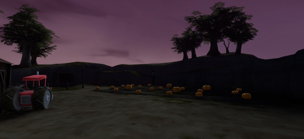 Detail area showing a pumpkin patch, scarecrow and silhouetted trees.